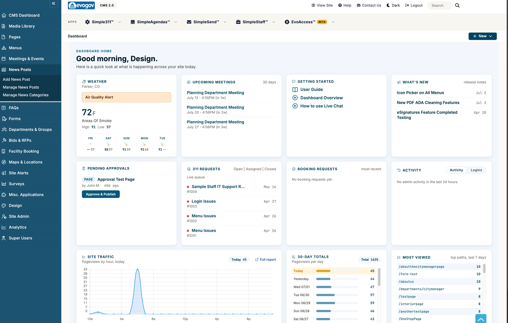 The EvoCloud CMS Dashboard home screen. A left sidebar lists content tools such as Media Library, Pages, Menus, and News Posts. An apps row across the top shows Simple311, SimpleAgendas, SimpleSend, SimpleStaff, and EvoAccess. Dashboard cards show weather, upcoming meetings, getting-started links, what's new, pending approvals, 311 requests, booking requests, activity, and site traffic charts.