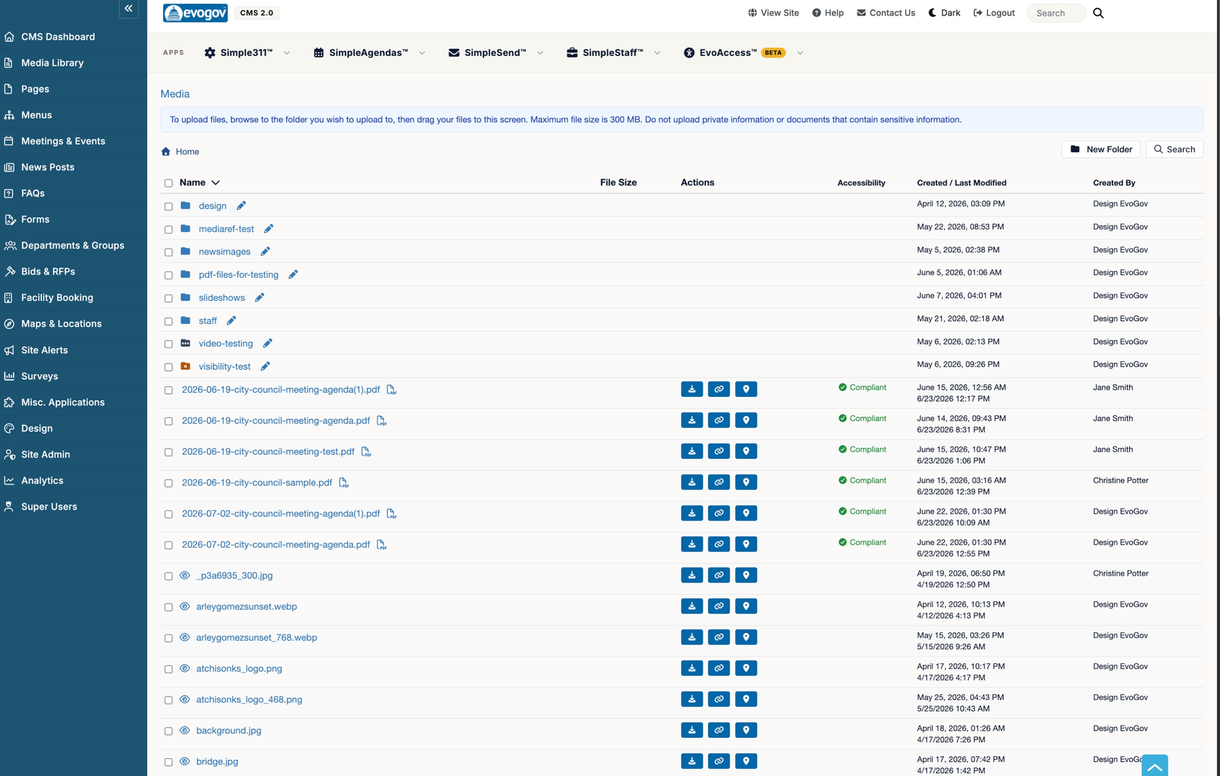 The Media Library file browser. A note about drag-and-drop uploading sits above a Home breadcrumb, New Folder and Search buttons, and a table of folders and files with columns for Name, File Size, Actions, Accessibility, Created / Last Modified, and Created By. PDF rows show a green Compliant accessibility badge and download, link, and locate action buttons.