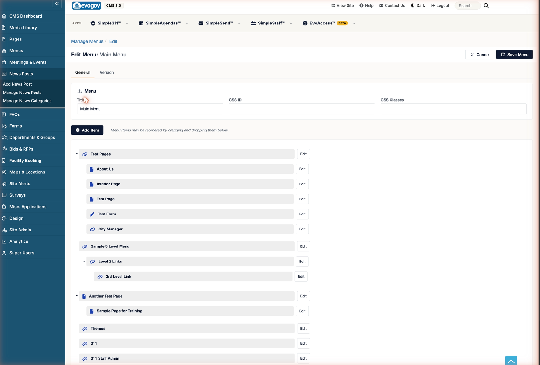 The Edit Menu screen for a menu named Main Menu. Below the Title, CSS ID, and CSS Classes fields and an Add Item button, menu items are listed as draggable rows with Edit buttons. Child items appear indented under their parent, including a three-level example with Sample 3 Level Menu, Level 2 Links, and 3rd Level Link.