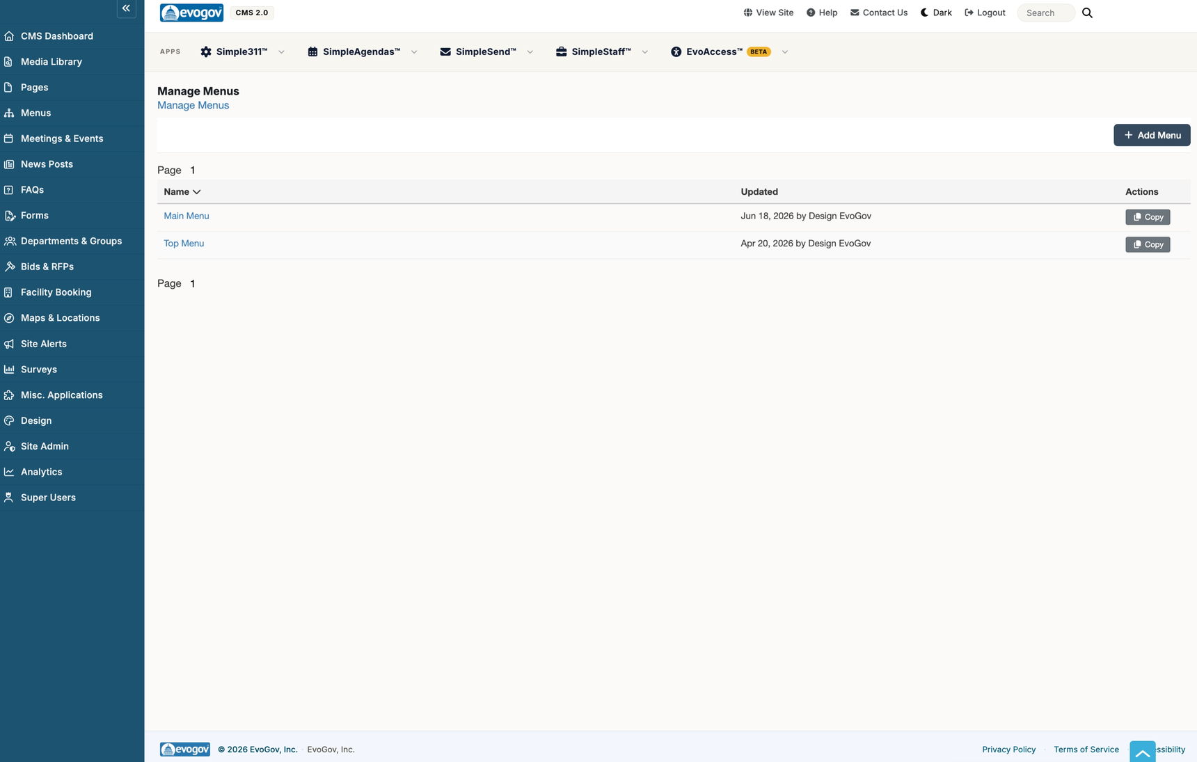 The Manage Menus screen listing two menus, Main Menu and Top Menu, each with an updated date and a Copy button. An Add Menu button is at the top right.