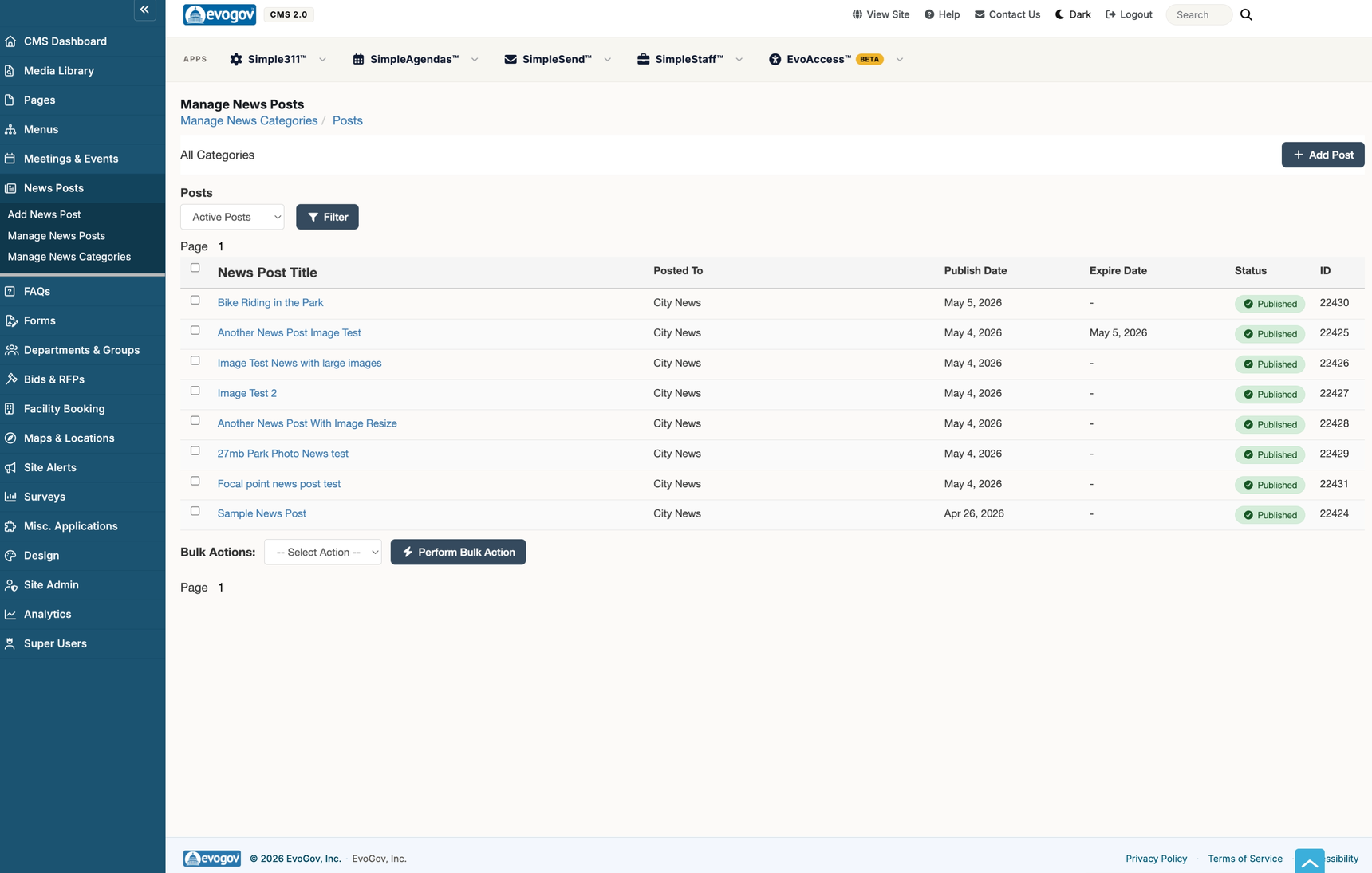 The Manage News Posts screen. An active-posts filter sits above a table of posts with columns for News Post Title, Posted To, Publish Date, Expire Date, Status, and ID. Each row shows a green Published badge. Below the table are bulk action controls and an Add Post button appears at the top right.
