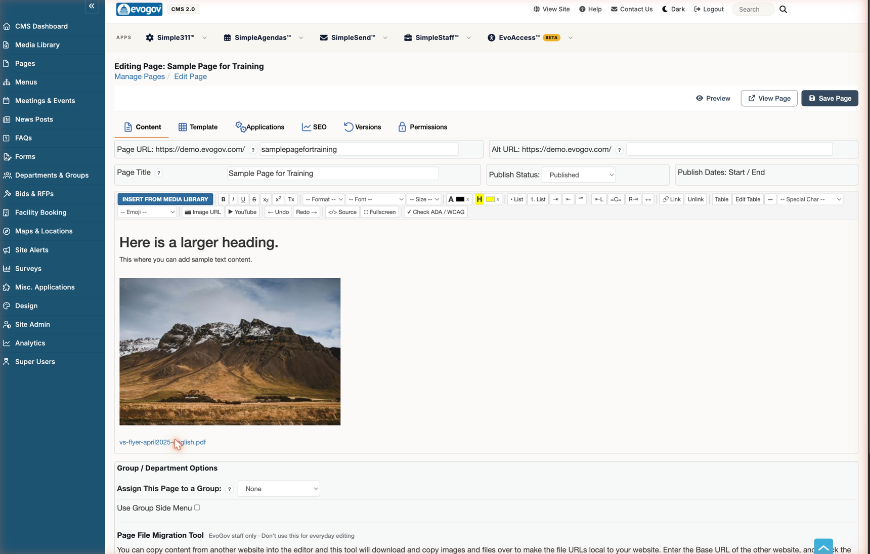 The Edit Page screen with the Content tab selected. The editor toolbar sits above the editing area, which contains a heading, sample text, a photo, and a linked PDF file.