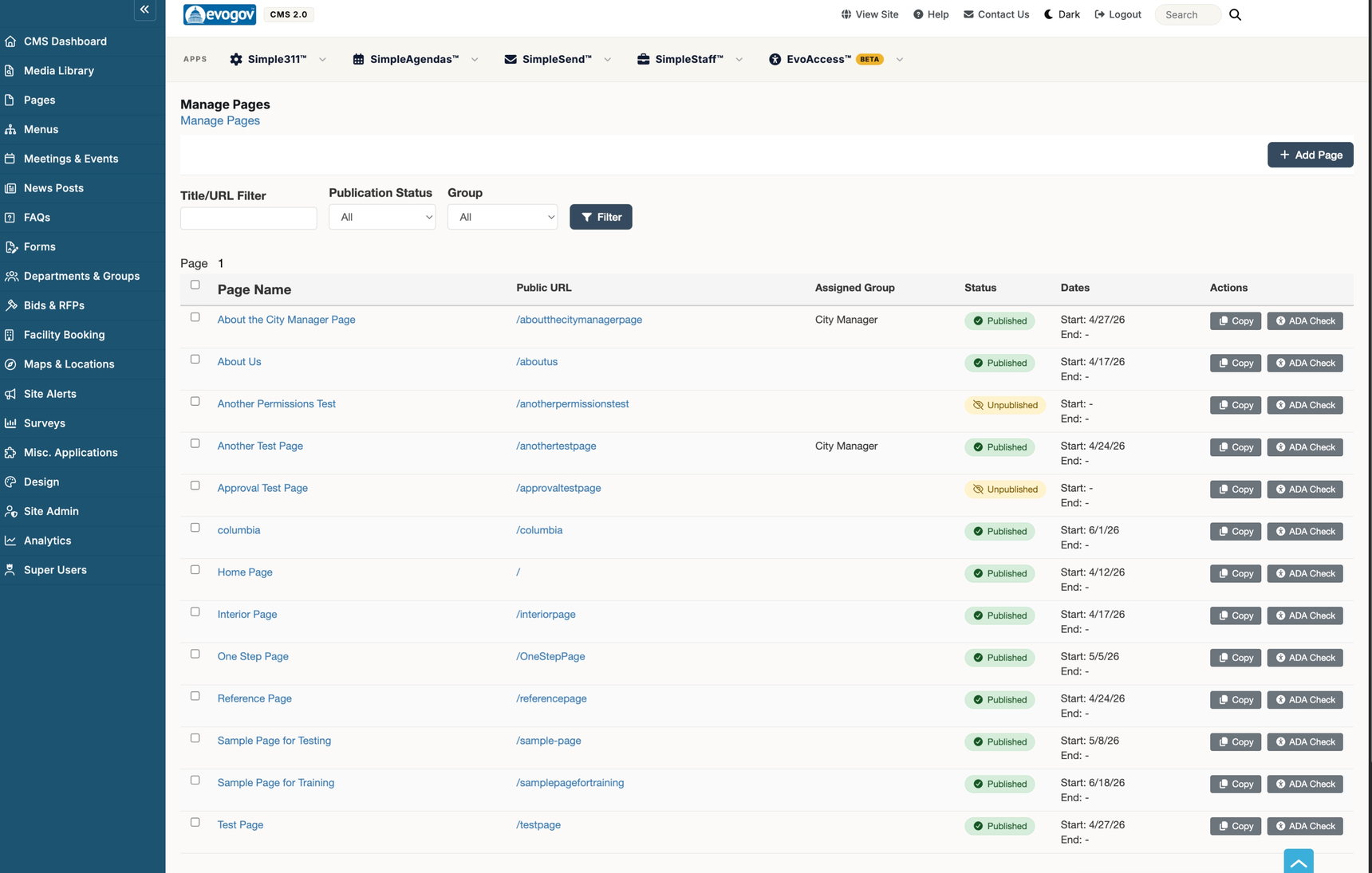 The Manage Pages screen. Filters for title, publication status, and group sit above a table of pages showing each page's name, public URL, assigned group, status badge, start date, and Copy and ADA Check action buttons. An Add Page button is at the top right.